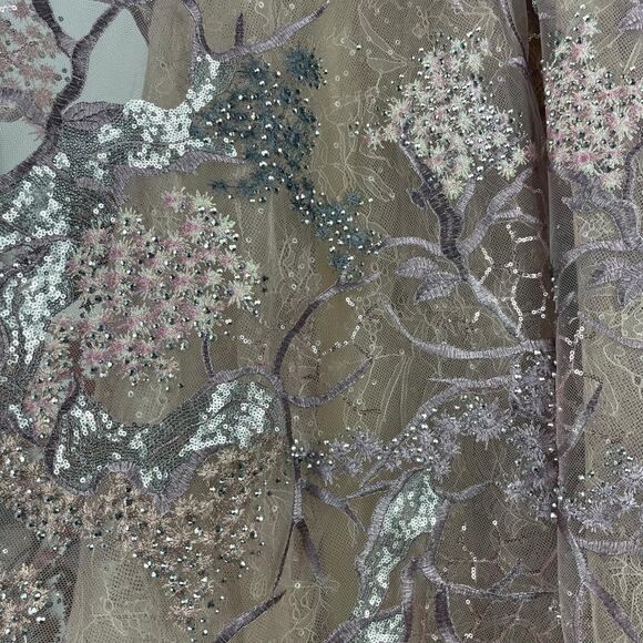 Mac Duggal Embellished High Neck Puff Sleeve A-Line Dress Taupe Size 6 - Picture 11 of 12